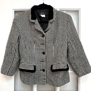 Vintage Zara Black & White Houndstooth Blazer 100% Wool Velvet Trim Size 10 Med